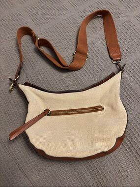 Unbranded Cream Canvas & Brown Leather Crossbody Bag